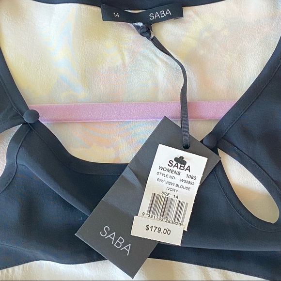 NWT SABA Ivory & Black Bay View Silk Peplum Short Sleeve Blouse Size 14 - Picture 9 of 11